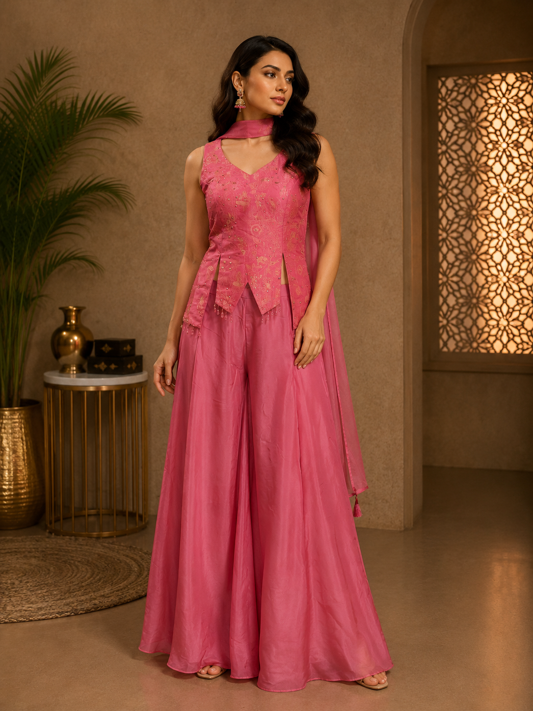 Pink Banarasi Brocade Silk Embellished Palazzo Co-Ord Set